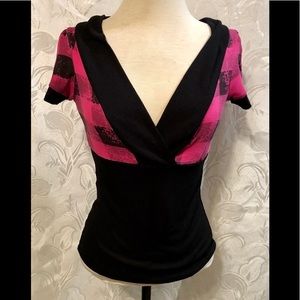 Poetry V Neck Pink Black Shirt Size S